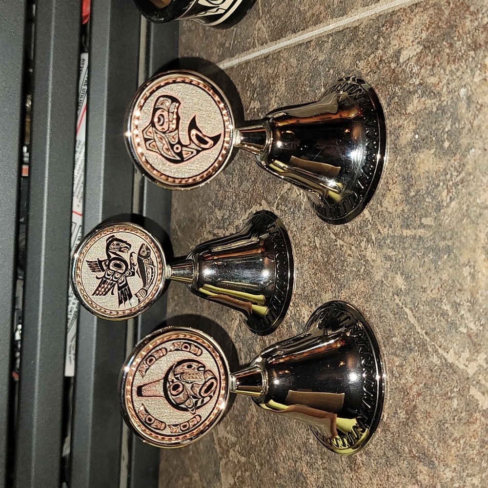 Set of 3 Silver Coloured and Copper Bells with BC First Nations Artwork
